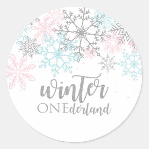 Winter Onederland Pink blue silver glitter Classic Round Sticker