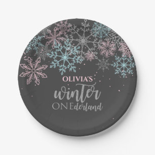 Winter Onederland Pink blue silver glitter Paper Plate