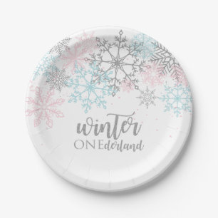 Winter Onederland Pink blue silver glitter Paper Plate
