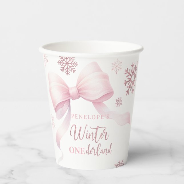 Winter Onederland Pink Bow Girl 1st Birthday Paper Cups (Front)