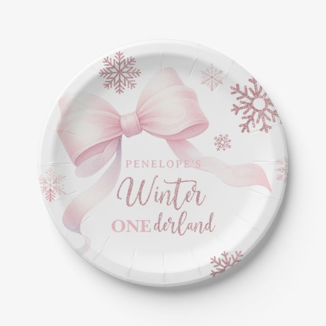 Winter Onederland Pink Bow Girl 1st Birthday Paper Plate (Front)