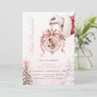 Winter ONEderland Pink Bow Photo First Birthday Invitation