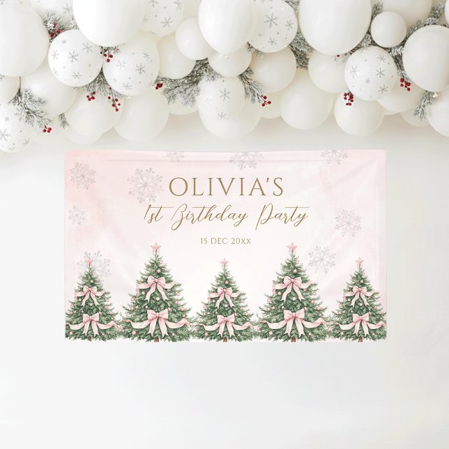 Winter Onederland Pink Bow Pine Trees 1st Birthday Banner (Creator Uploaded)
