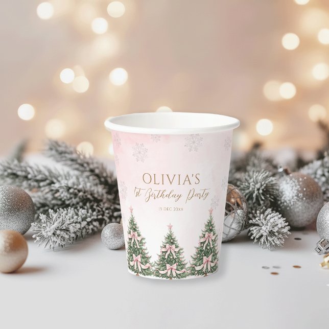 Winter Onederland Pink Bow Pine Trees 1st Birthday Paper Cups (Creator Uploaded)