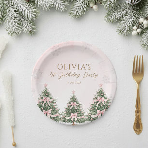 Winter Onederland Pink Bow Pine Trees 1st Birthday Paper Plate