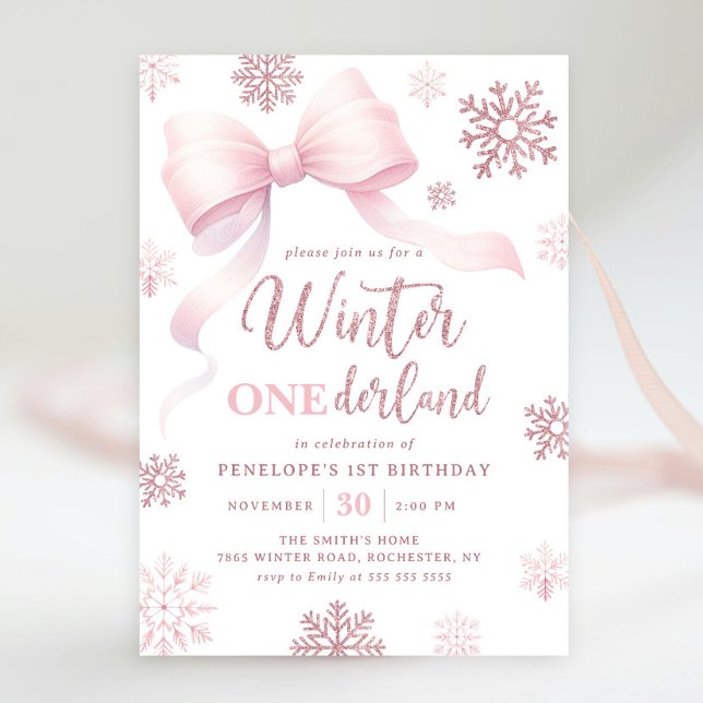Winter Onederland Pink Bow Snowflake 1st Birthday Invitation (Creator Uploaded)
