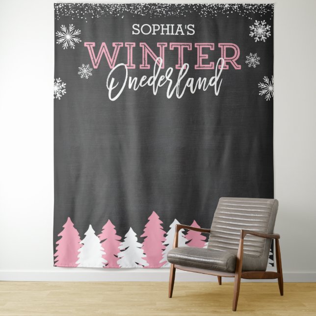 Winter Onederland Pink Chalkboard Backdrop Tapestry (In Situ)