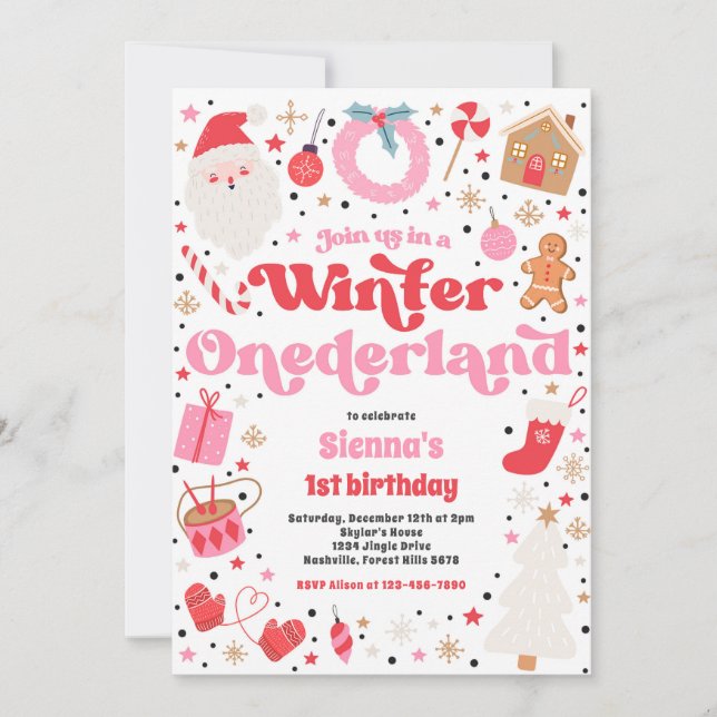 Winter ONEderland Pink Christmas Birthday Party Invitation (Front)