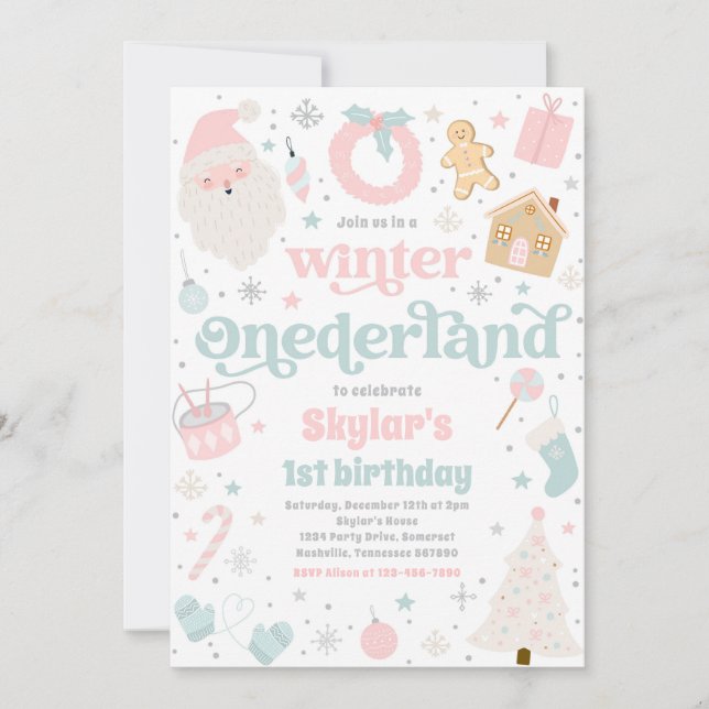 Winter ONEderland Pink Christmas Birthday Party Invitation (Front)