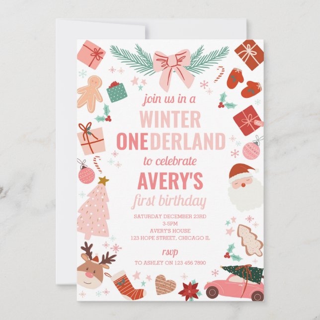 Winter Onederland Pink Christmas Girl 1st Birthday Invitation (Front)