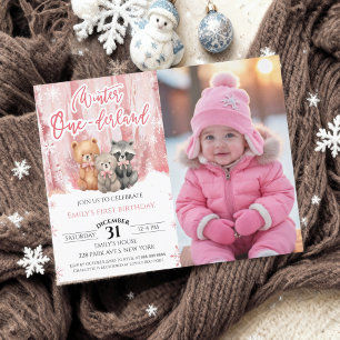 Winter Onederland Pink First Bday Photo Invitation