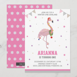 Winter ONEderland Pink Flamingo 1st Girls Birthday Invitation