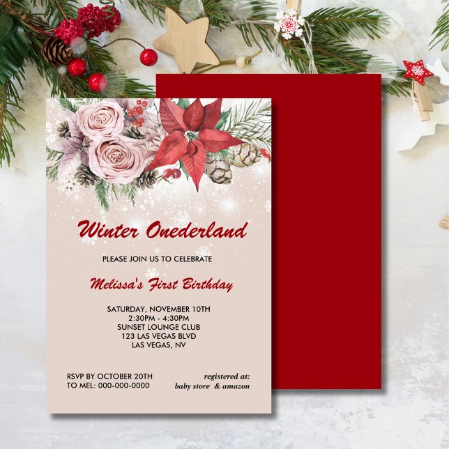 Winter onederland pink floral red poinsettia invitation (Creator Uploaded)
