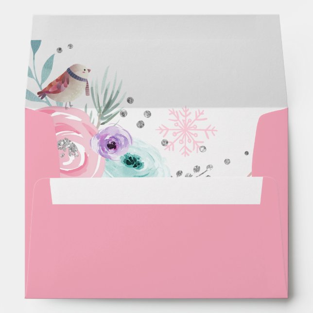 Winter ONEderland Pink Floral Silver Glitter Girl Envelope (Back (Bottom))