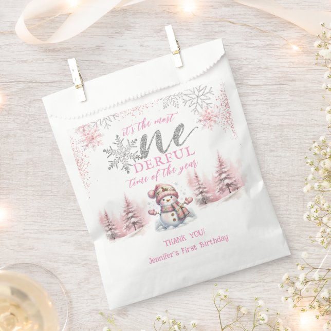 Winter ONEderland Pink Girl Christmas 1st Birthday Favour Bags (Clipped)