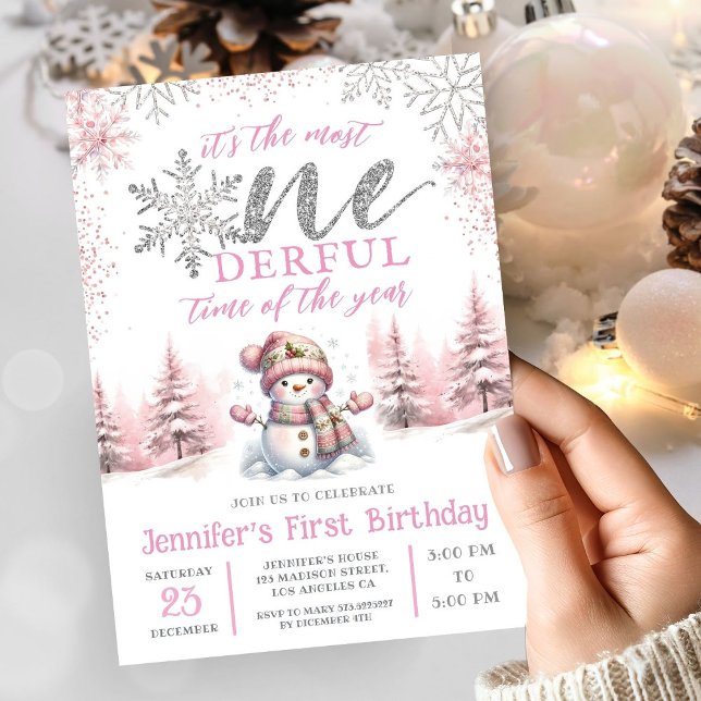 Winter ONEderland Pink Girl Christmas 1st Birthday Invitation (Creator Uploaded)