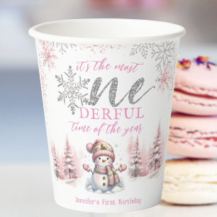 Winter ONEderland Pink Girl Christmas 1st Birthday Paper Cups