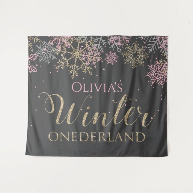 Winter Onederland Pink Girl First Birthday Tapestry (Front (Horizontal))