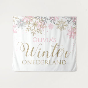 Winter Onederland Pink Girl First Birthday Tapestry