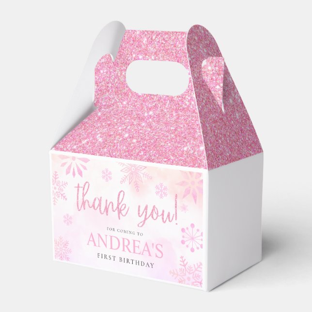 Winter ONEderland Pink Glitter Snowflake 1st Bday Favour Box (Front Side)