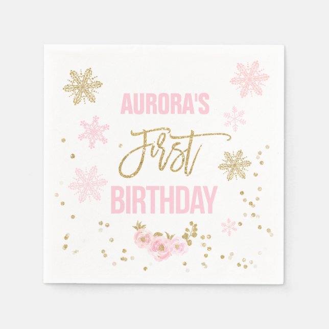 Winter ONEderland Pink Gold Birthday Party Napkin (Front)