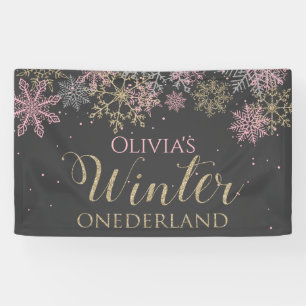 Winter Onederland Pink Gold Dark Grey Banner
