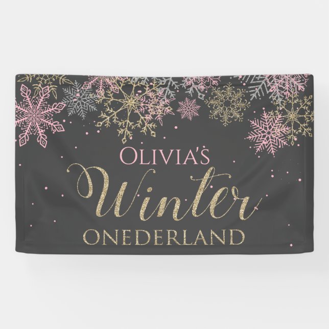 Winter Onederland Pink Gold Dark Grey Banner (Horizontal)