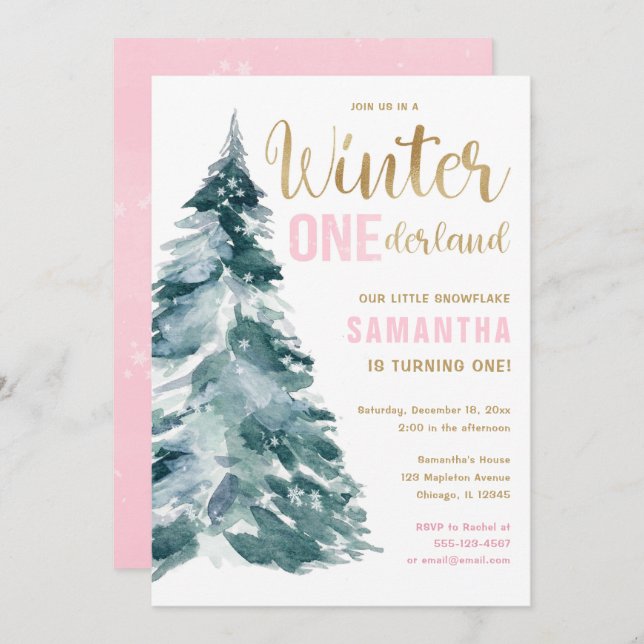 Winter Onederland pink gold girl 1st birthday Invi Invitation (Front/Back)