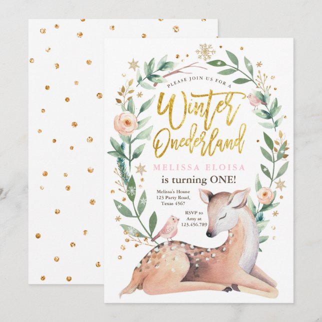 Winter ONEderland Pink Gold Girl Deer Birthday Invitation (Front/Back)