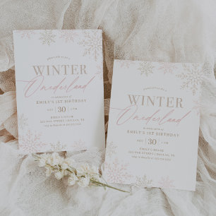 Winter Onederland Pink Gold Glitter 1st Birthday Invitation
