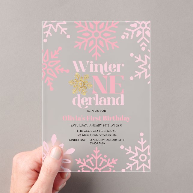 Winter Onederland Pink Gold Snowflake 1st Birthday Acrylic Invitations (Insitu (Handheld))