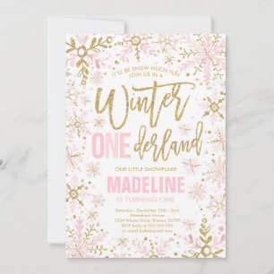 Winter ONEderland Pink Gold Snowflake 1st Birthday Invitation