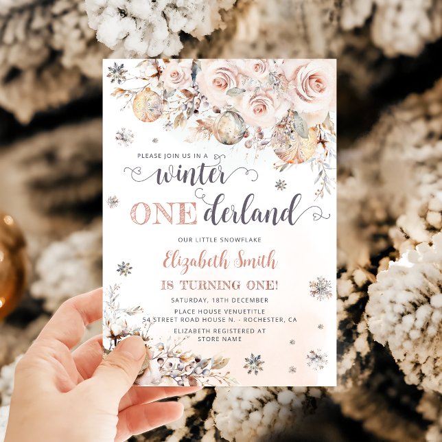 Winter ONEderland Pink Gold Snowflake 1st Birthday Invitation (Creator Uploaded)
