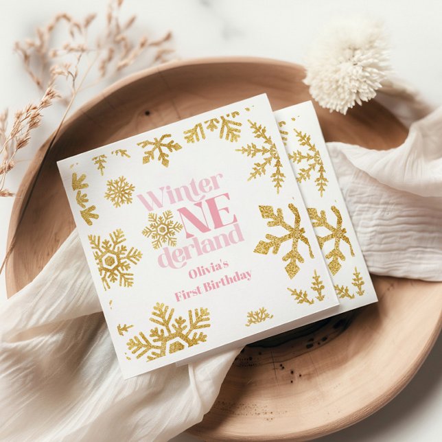 Winter Onederland Pink Gold Snowflake 1st Birthday Napkin (Creator Uploaded)