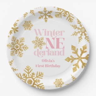 Winter Onederland Pink Gold Snowflake 1st Birthday Paper Plate