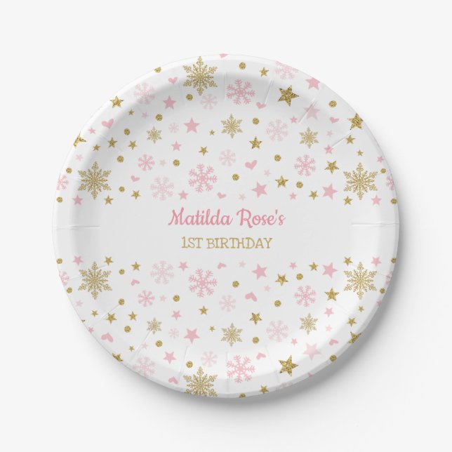 Winter Onederland Pink Gold Snowflake Birthday Paper Plate (Front)