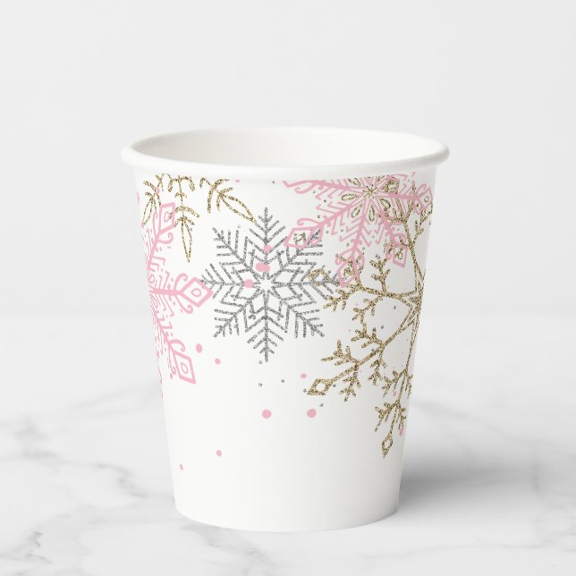 Winter Onederland Pink Gold Snowflakes Birthday Paper Cups (Front)