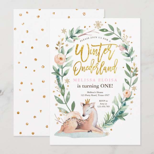 Winter ONEderland Pink Gold Woodland Deer Birthday Invitation (Front/Back)
