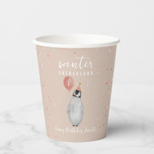 Winter Onederland Pink Penguin Balloon Birthday Paper Cups