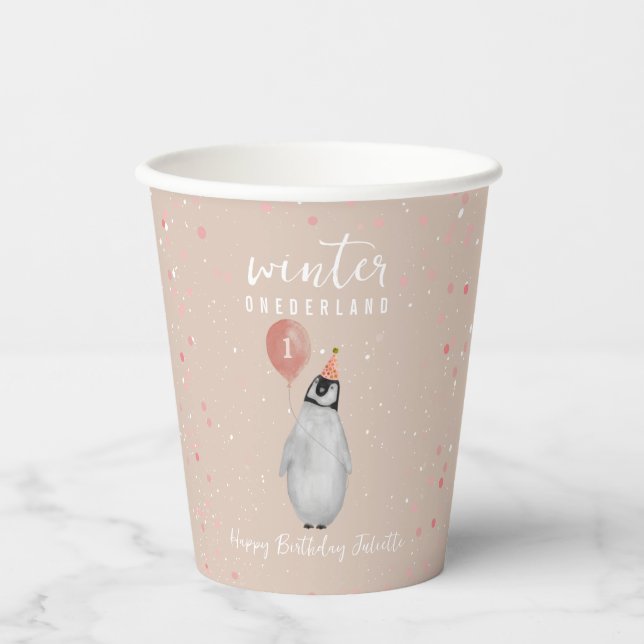 Winter Onederland Pink Penguin Balloon Birthday Paper Cups (Front)