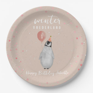 Winter Onederland Pink Penguin Balloon Birthday Paper Plate