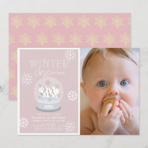 Winter Onederland Pink Photo 1st Birthday Invitation