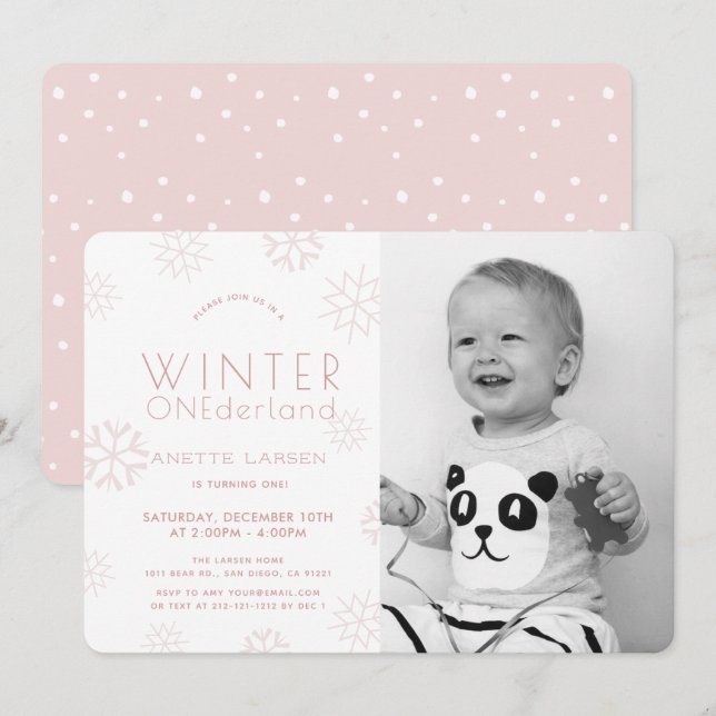 Winter Onederland Pink Photo 1st Birthday Invitation (Front/Back)