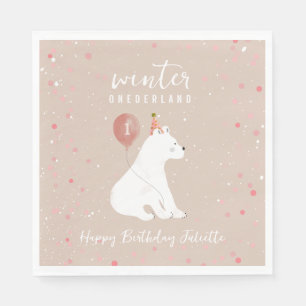 Winter Onederland Pink Polar Bear 1st Birthday Napkin