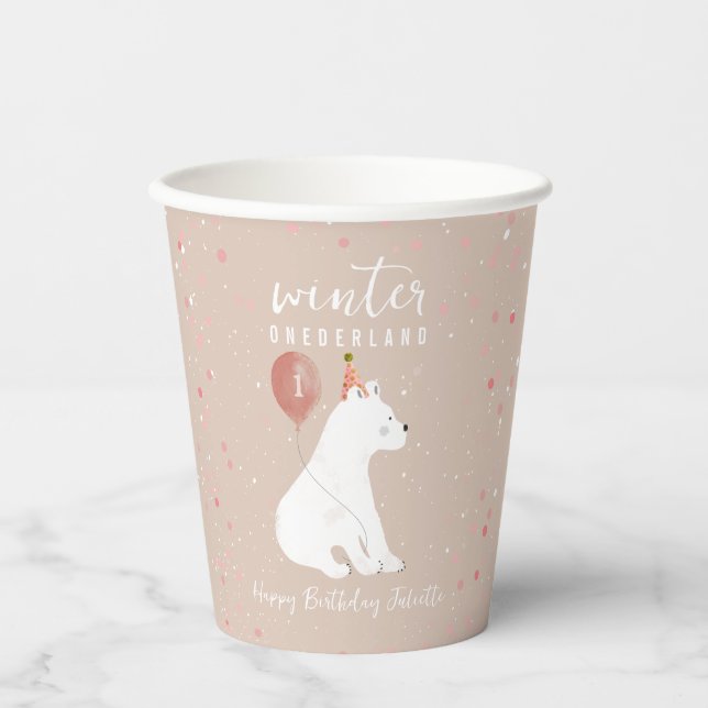 Winter Onederland Pink Polar Bear 1st Birthday Paper Cups (Front)