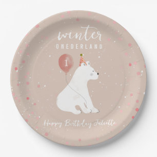 Winter Onederland Pink Polar Bear 1st Birthday Paper Plate