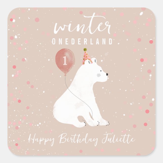 Winter Onederland Pink Polar Bear 1st Birthday Square Sticker (Front)