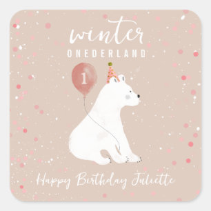 Winter Onederland Pink Polar Bear 1st Birthday Square Sticker