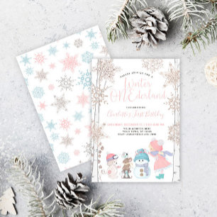 Winter ONEderland Pink Rose Gold 1st Birthday Invitation