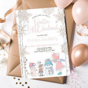 Winter ONEderland Pink Rose Gold 1st Birthday Invitation